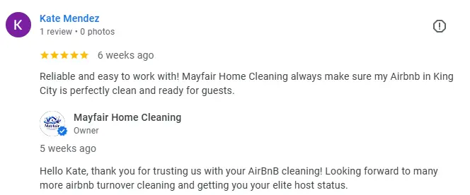 Mayfair's Client Kate's 5-star review on our Google page